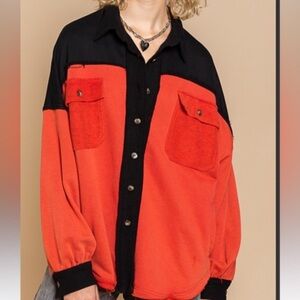 POL WOMENS RED BLACK BUTTON DOWN SHACKET SHIRT OVERSIZED LARGE